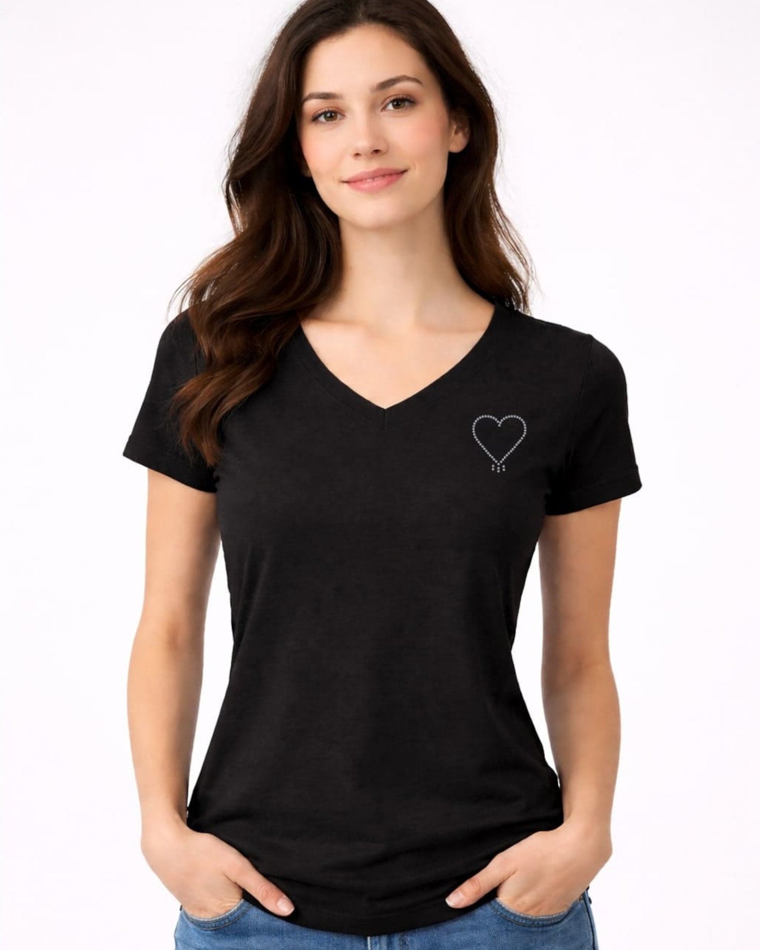 T-shirt femme col v noir avec strass motif coeur 