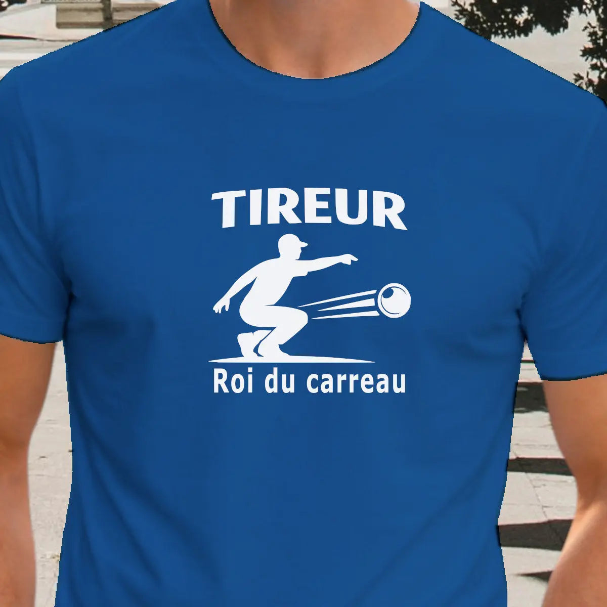 t-shirt pétanque homme tireur roi du carreau vinyle blanc vue rapprochée 