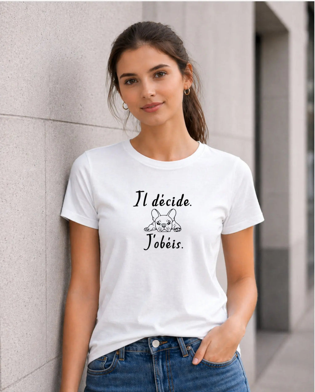 Tshirt bio femme bouledogue français "il décide. J'obéis." blanc