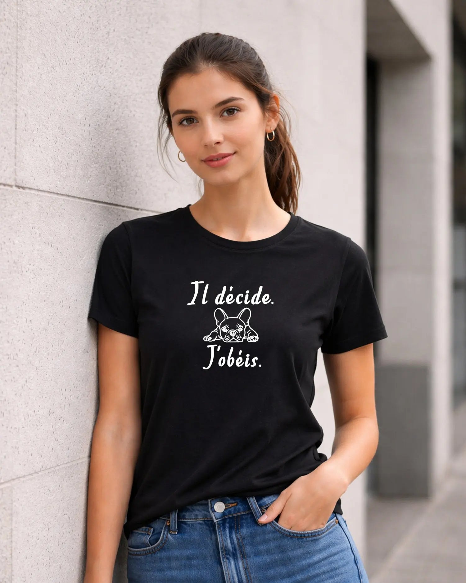 T-shirt bio femme bouledogue français "il décide.J'obéis." noir