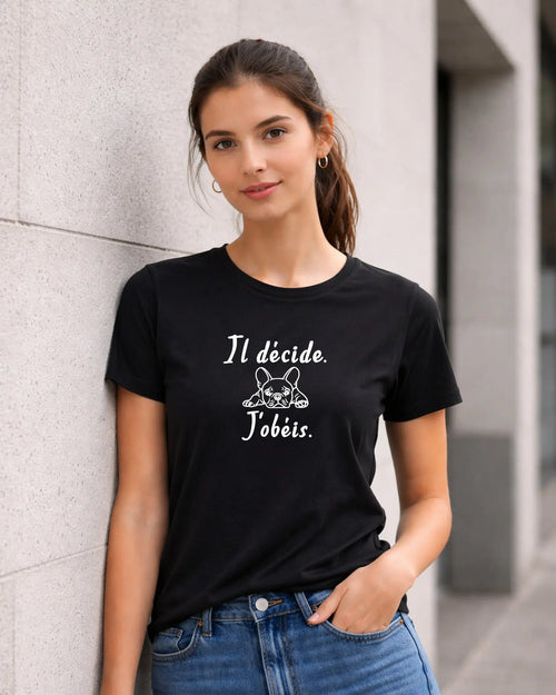 T-shirt bio femme bouledogue français "il décide.J'obéis." noir
