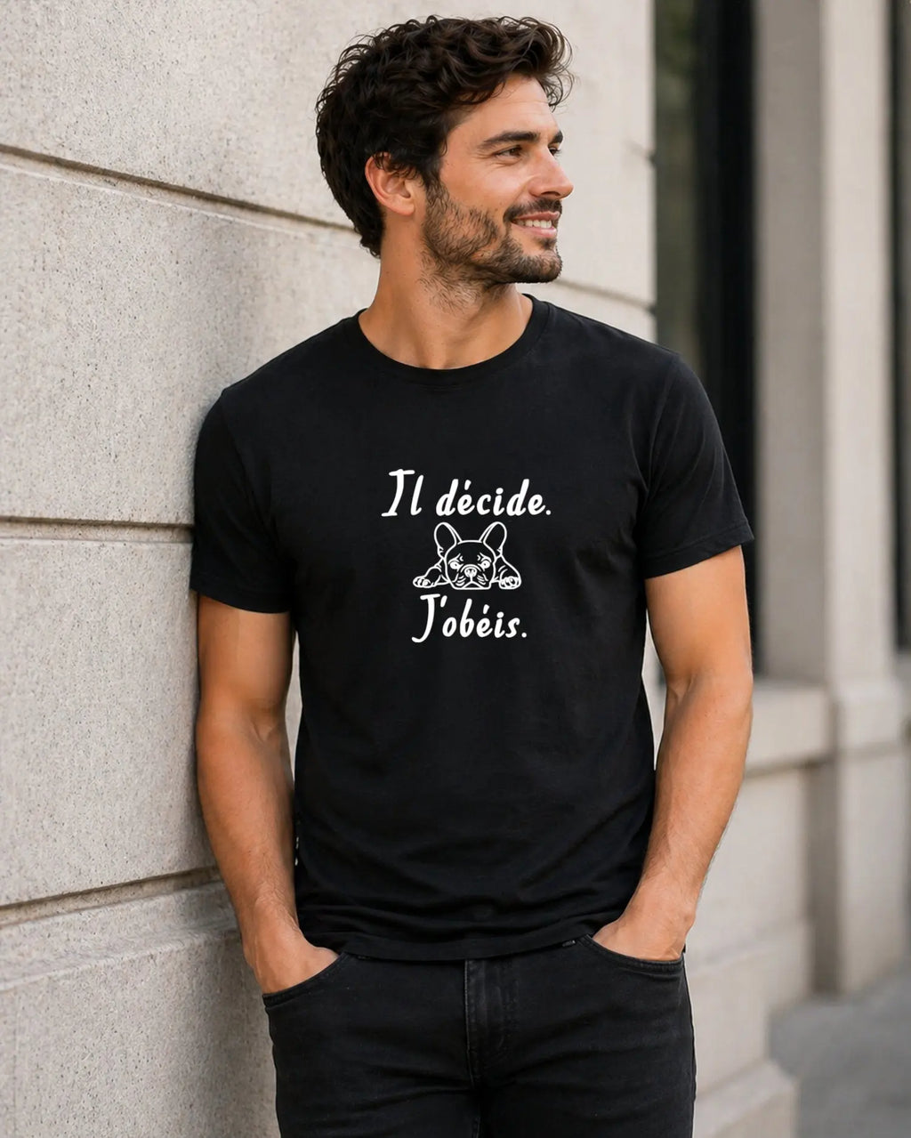 T-shirt bio homme bouledogue français "Il décide. J'obéis." noir