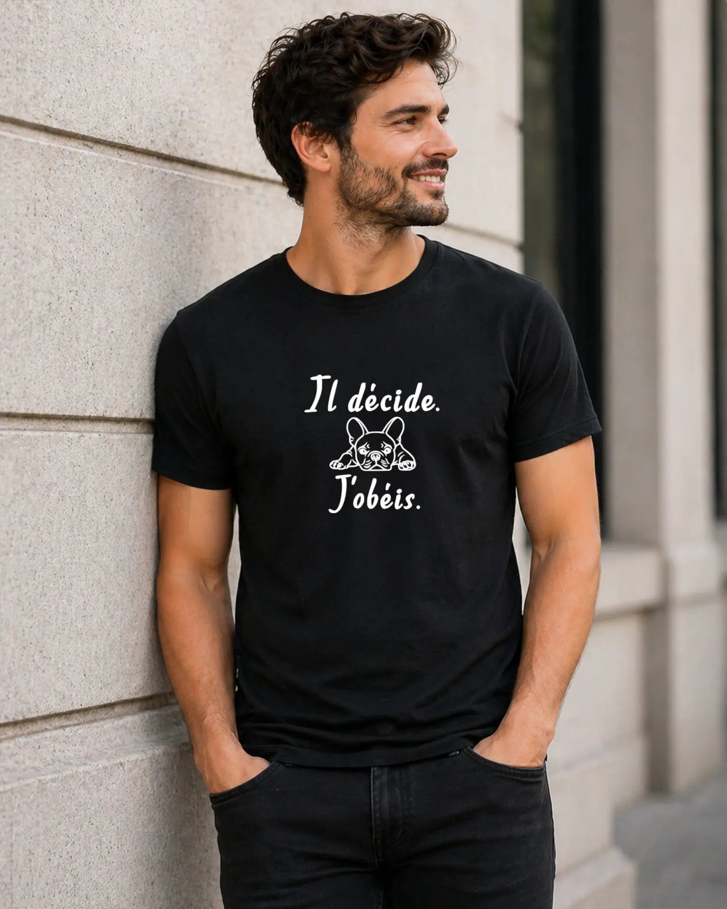 T-shirt bio homme bouledogue français "Il décide. J'obéis." noir