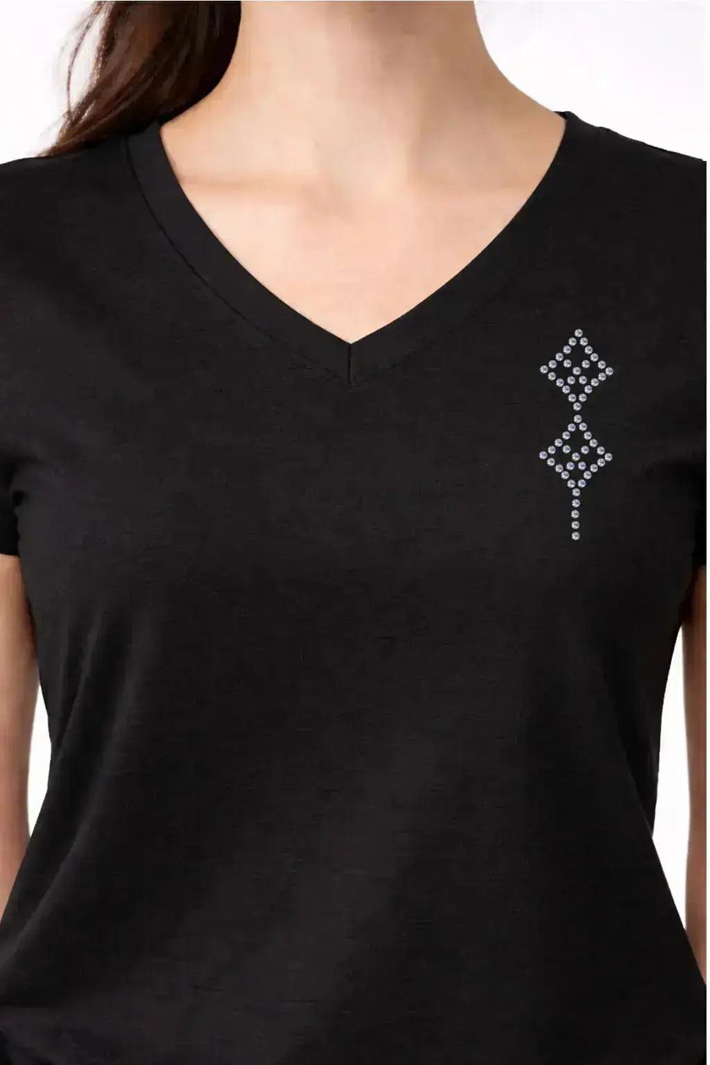 T-shirt femme noir détail LOSANGE en strass vue rapprochée 