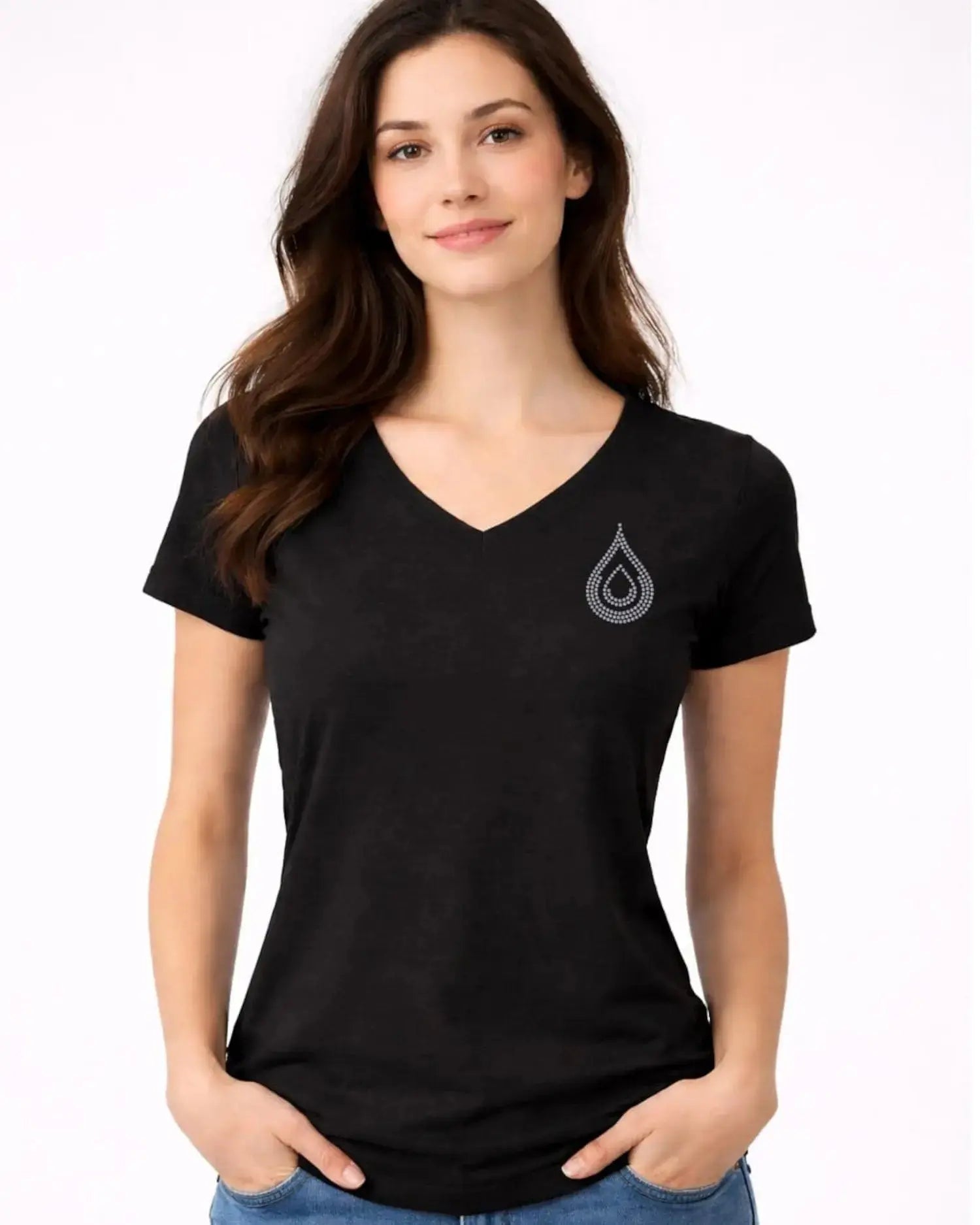 T-shirt femme noir col v motif GOUTTE en strass 