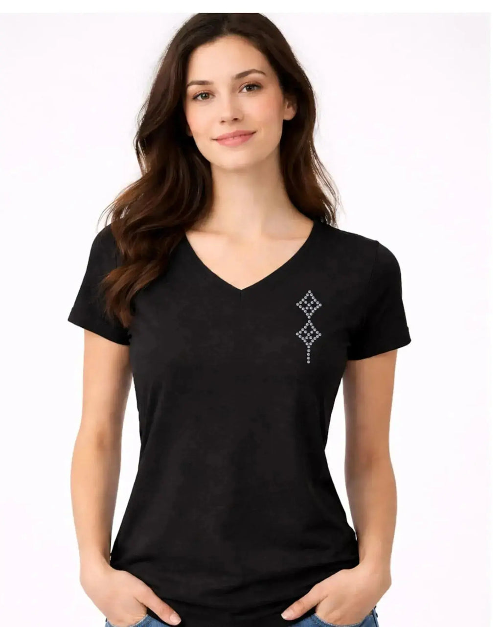 T-shirt femme noir col v  motif LOSANGE en strass 