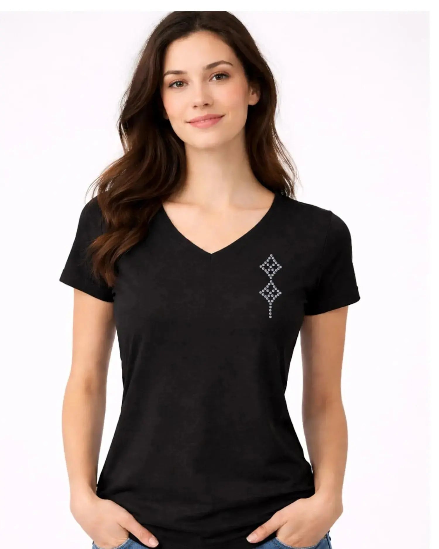 T-shirt femme noir col v  motif LOSANGE en strass 