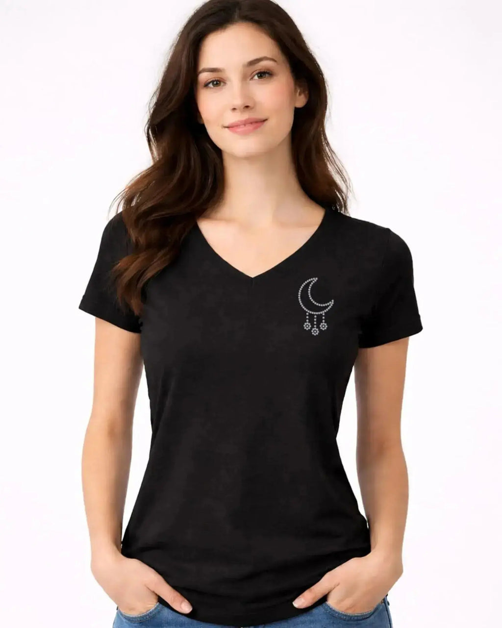 T-shirt femme noir col v motif Lune en strass 