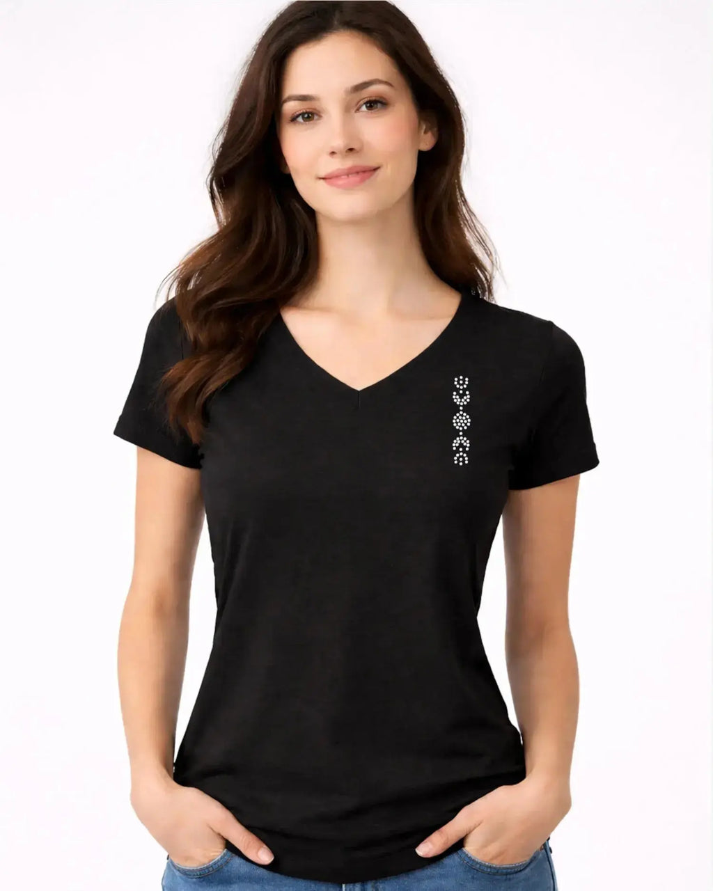 T-shirt femme noir col V motif Moon phase  en strass 