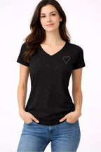 T-shirt femme noir col v motif CŒUR en strass
