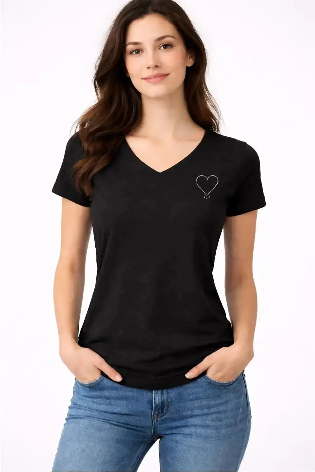 T-shirt femme noir col v motif CŒUR en strass