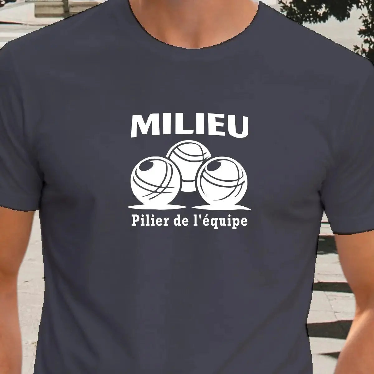 T-shirt pétanque homme milieu pilier de l'équipe vinyle blanc vue rapprochée