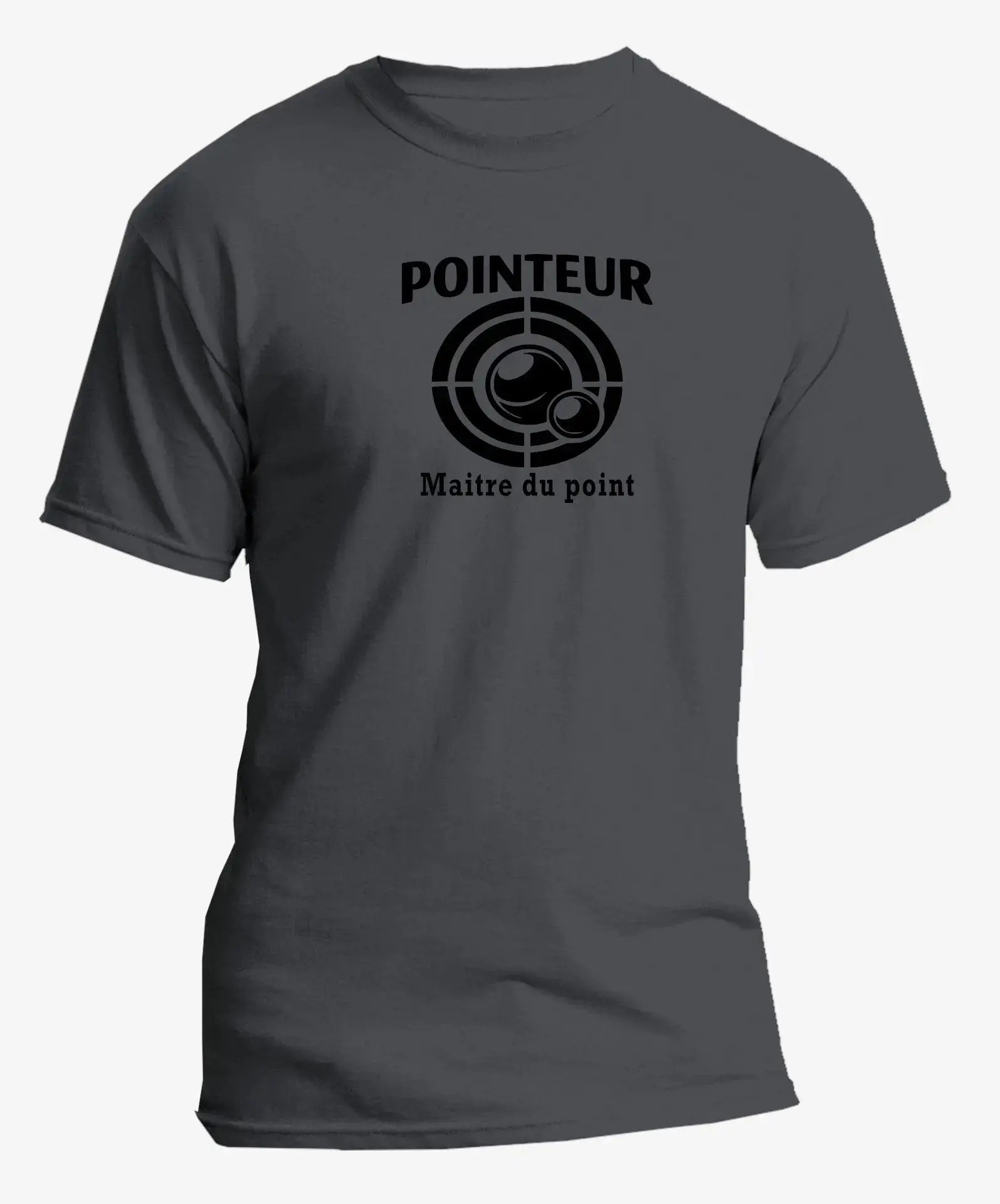 T-shirt pétanque homme pointeur maitre du point vinyle noir vue à plat 