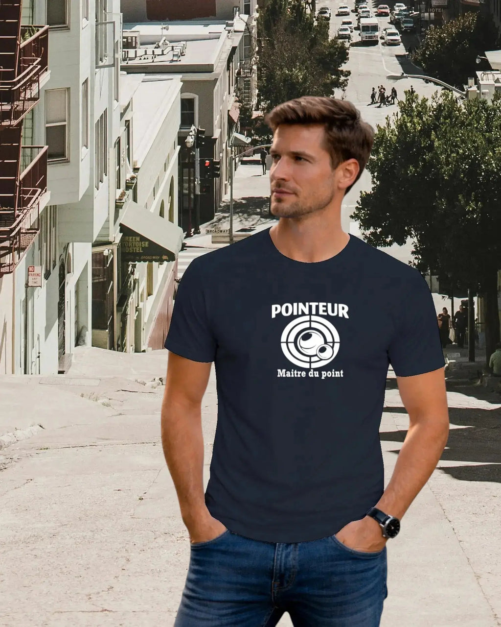 t-shirt pétanque homme pointeur maitre du point motif cible boules bleu marine