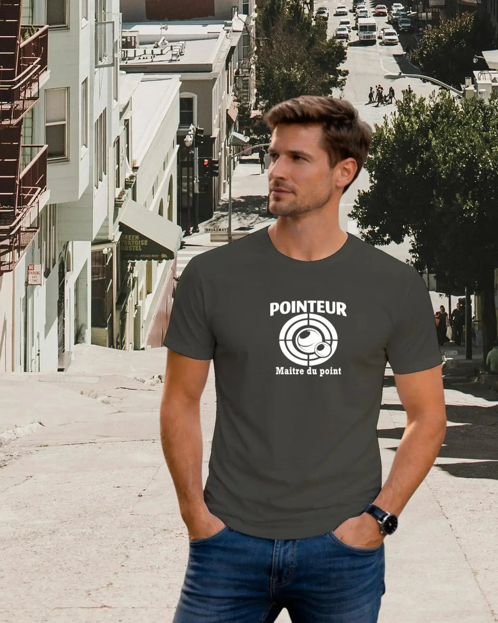 t-shirt pétanque homme pointeur maitre du point motif cible boules kaki 