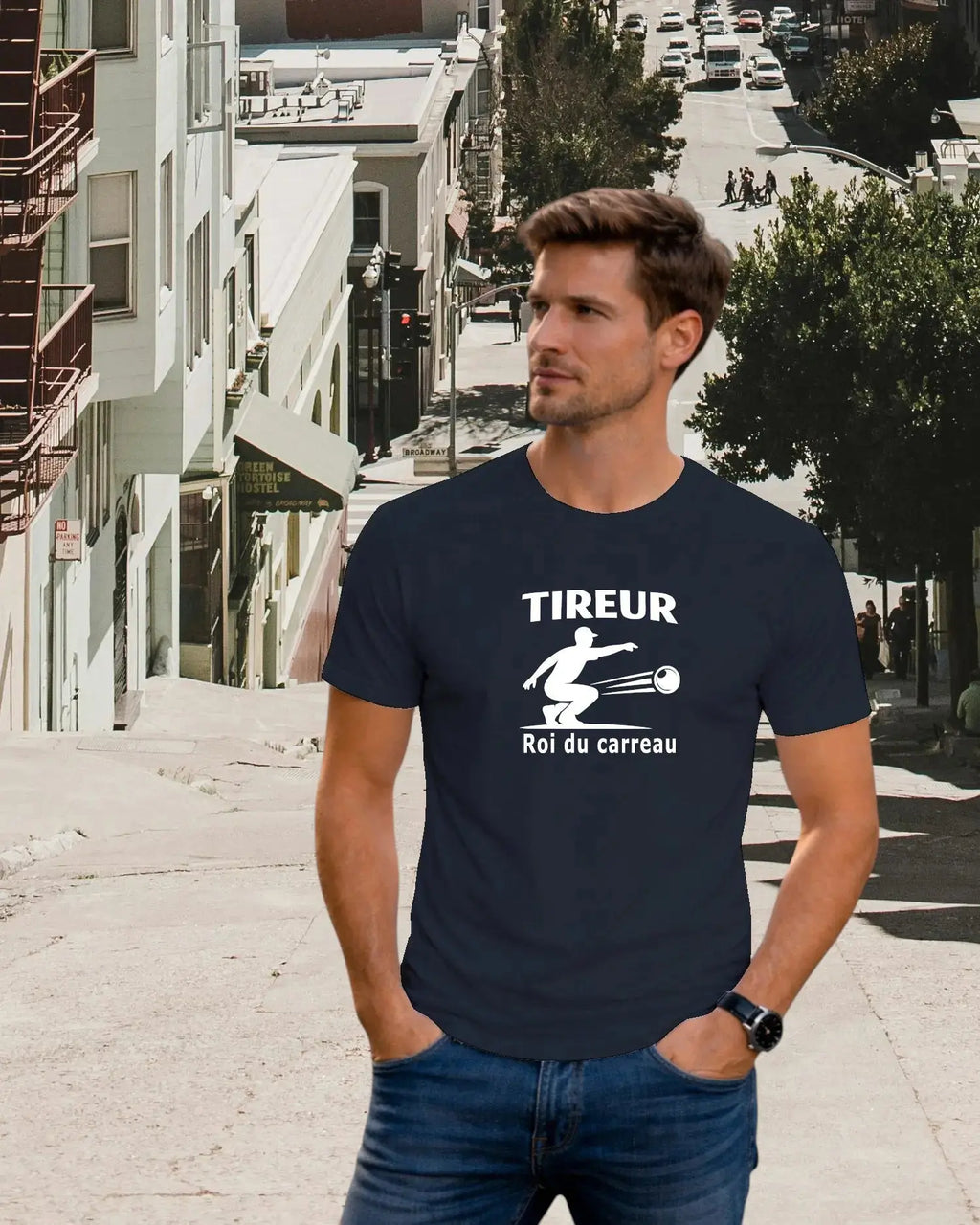 t-shirt pétanque homme tireur roi du carreau bleu marine 