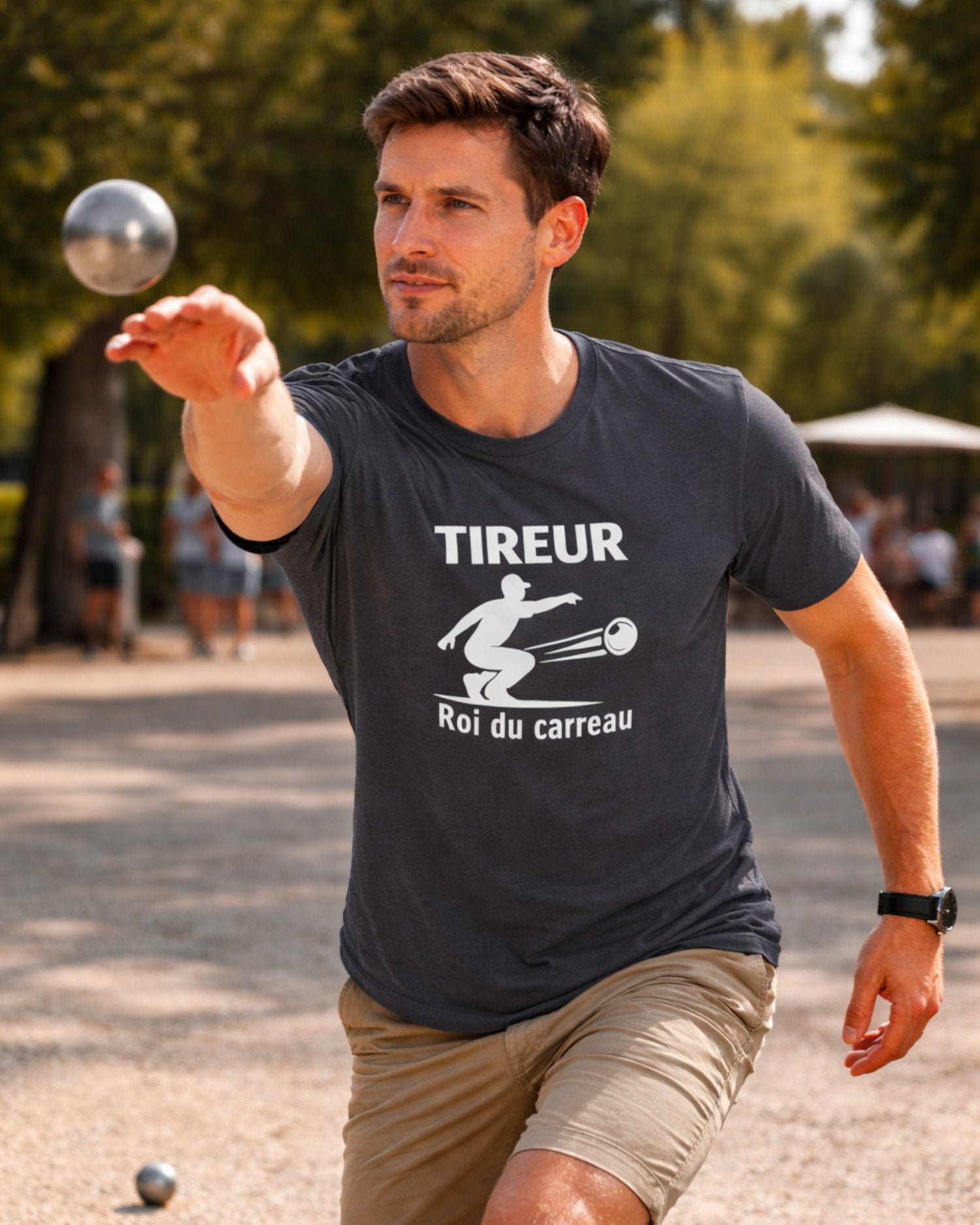 t-shirt pétanque homme roi du carreau vinyle blanc gris foncé face