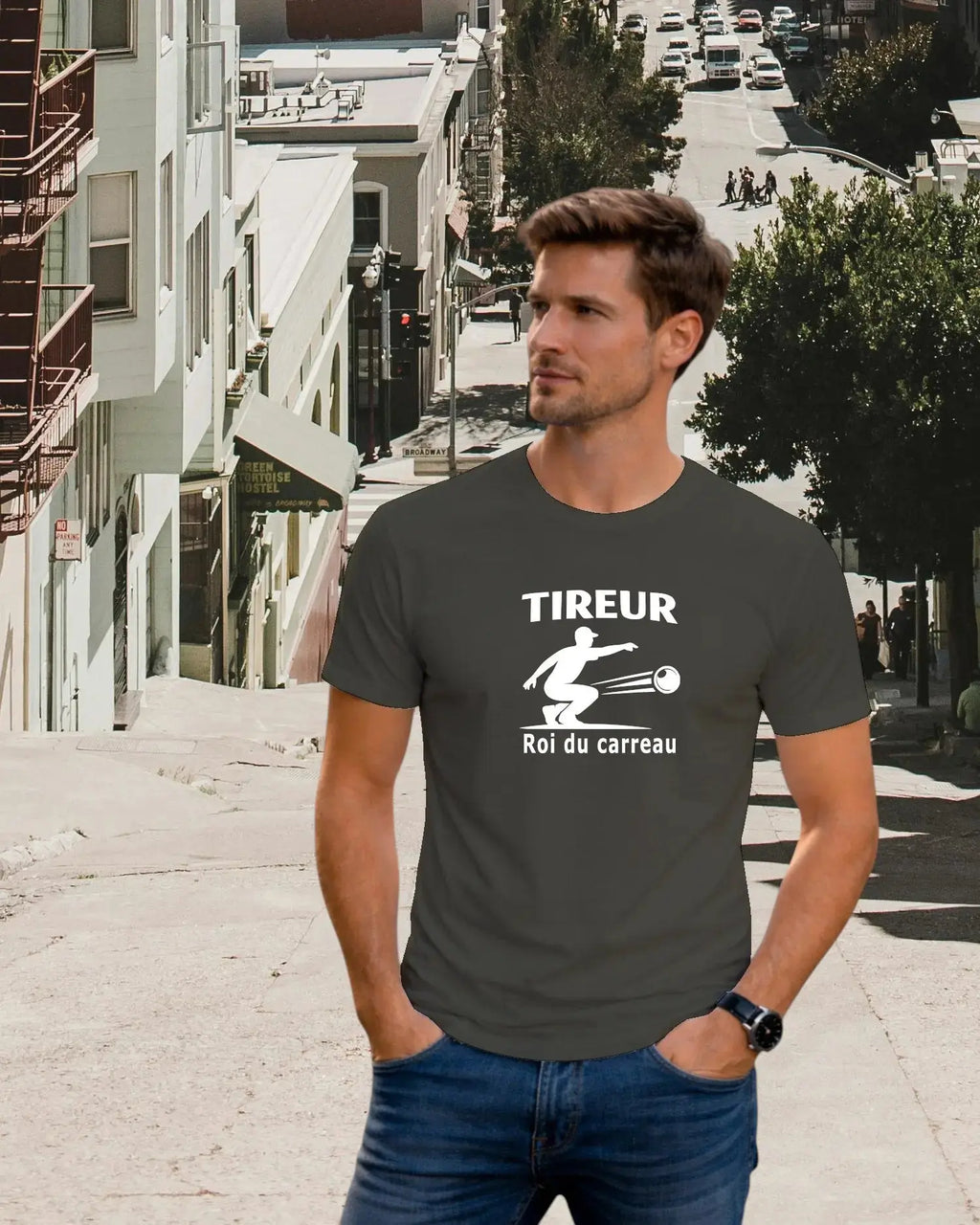 t-shirt pétanque homme tireur roi du carreau kaki 