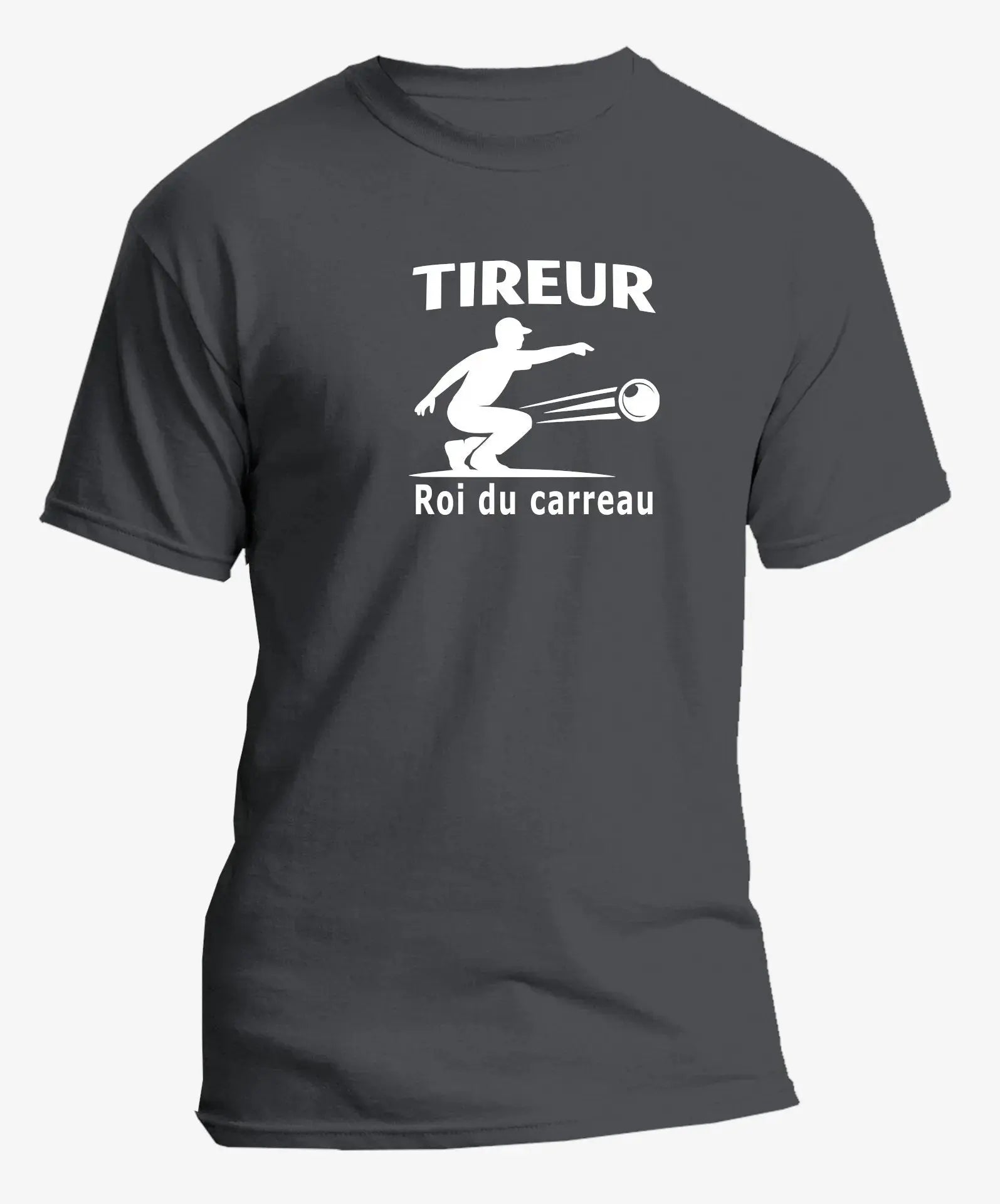 t-shirt pétanque homme tireur roi du carreau vinyle blanc vue à plat