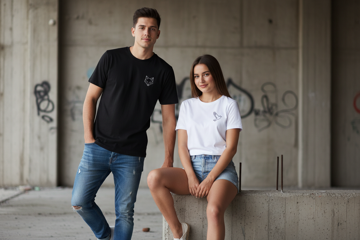 un homme debout vêtu d'un tee-shirt noir ayant un petit design sur la poitrine côté coeur et une femme assise vêtue d'un t-shirt blanc ayant un petit design sur la poitrine côté coeur, sur fond béton