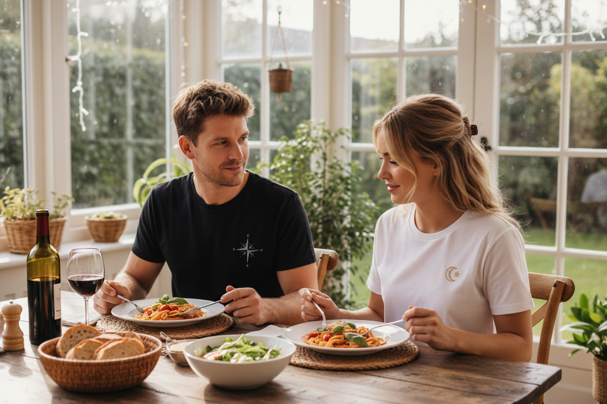 un homme et une femme portant un t-shirt noir et un t-shirt blanc, chacun avec un petit design sur la poitrine côté coeur, en situation de repas